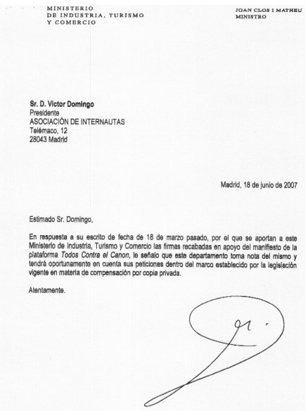 carta enviada por el Ministro Joan Clos a la Asociación de Internautas