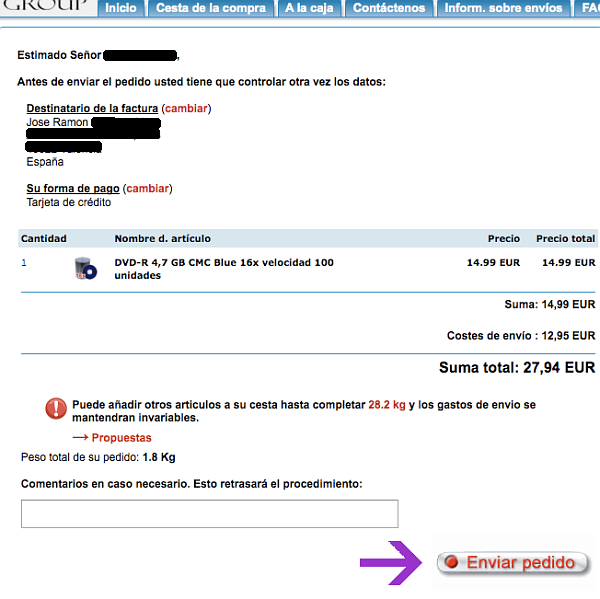 Confirmando el pedido