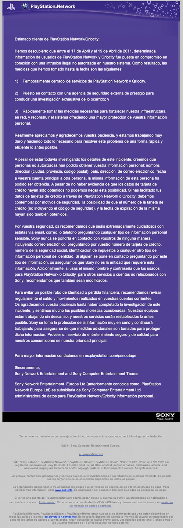carta enviada por SONY a sus usuarios