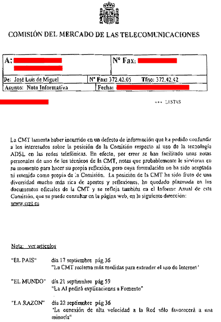 NOTA DE LA CMT
