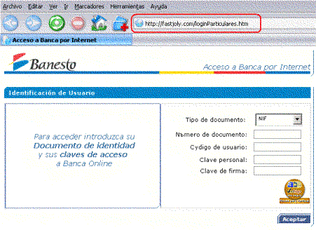Pagina simulada del banco Banesto