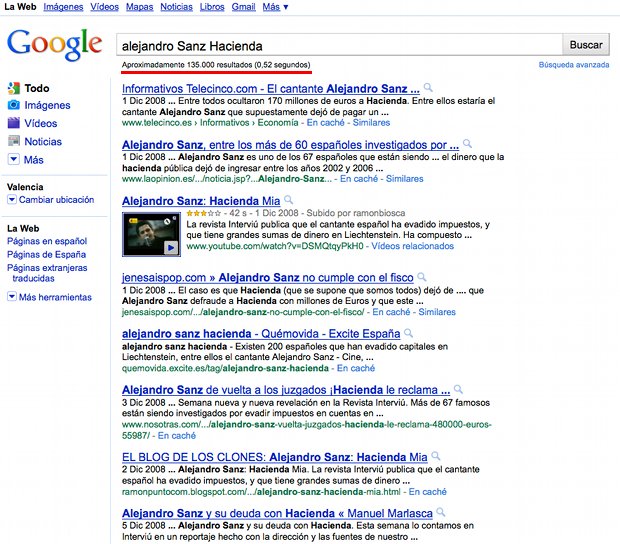 REsultados busqueda Google problemas con Hacienda de Alejandro Sanz