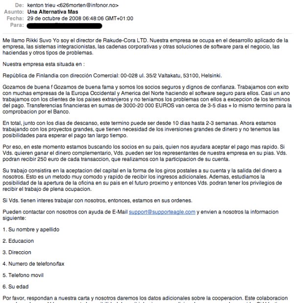 Otro Ejemplo de correo falso ofertando un puesto de trabajo